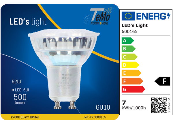 1 STÜCK (VPE) SHADA LED Spot GU10 503lm 7W, Warmweiss 2700K, MR16 klar, dimmbar, EEC: F (600165)